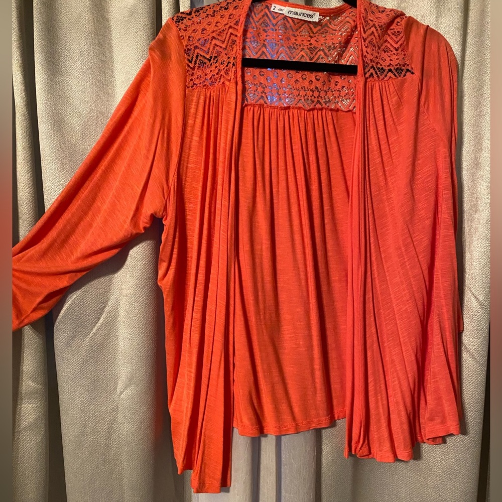 Orangish-pink long sleeved cardigan with lace